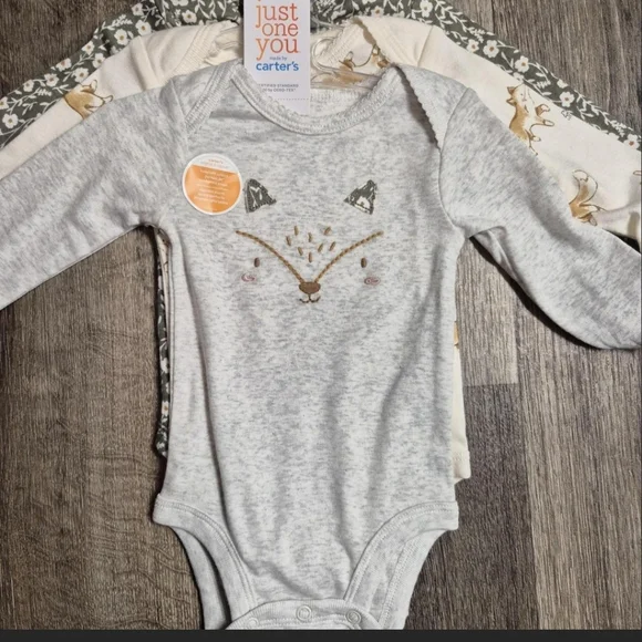 Carter's Gray and Green Fox Print Baby Bodysuit Set Size 3 Months NWT - Picture 1 of 4